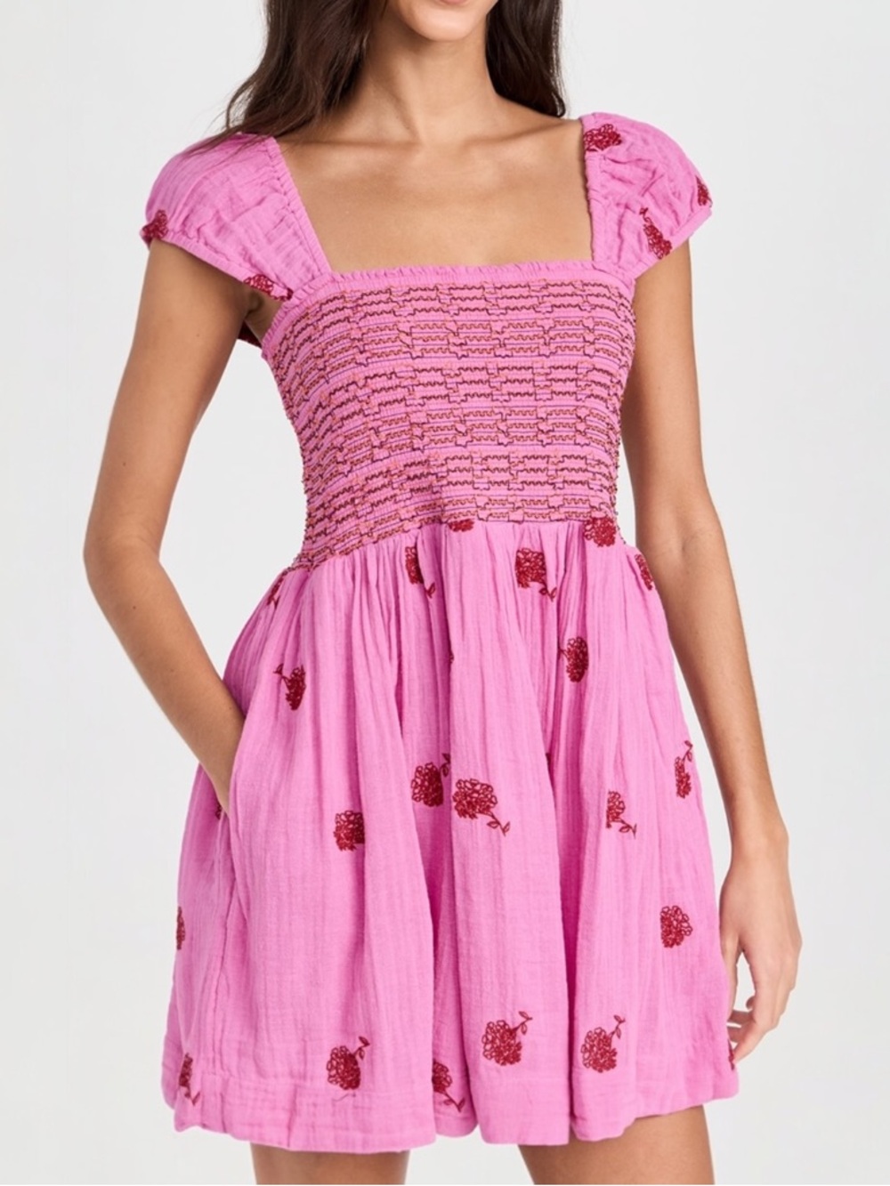 NWT Free People Tory Embroidered Mini Dress Pink Smocked Floral Boho Size Large - Picture 1 of 16
